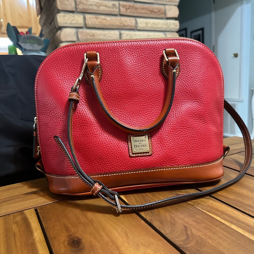 Dooney & Bourke Red and Brown Zip Zip Satchel in Pebbled Leather
